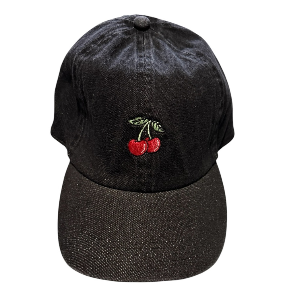 Black denim baseball Hat with embroidered cherries